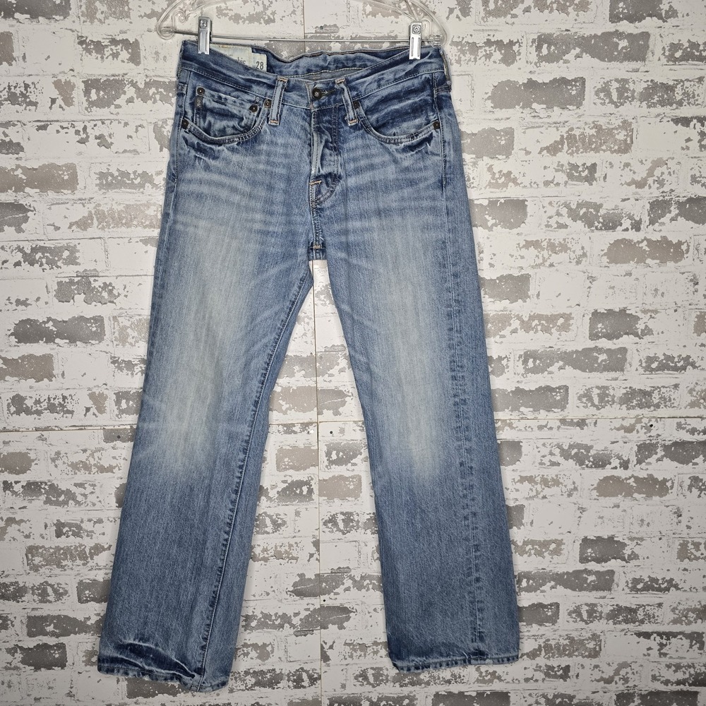 Abercrombie Fitch Jeans Mens 28x30 Vintage Button Fly Light Blue Whiskered Denim